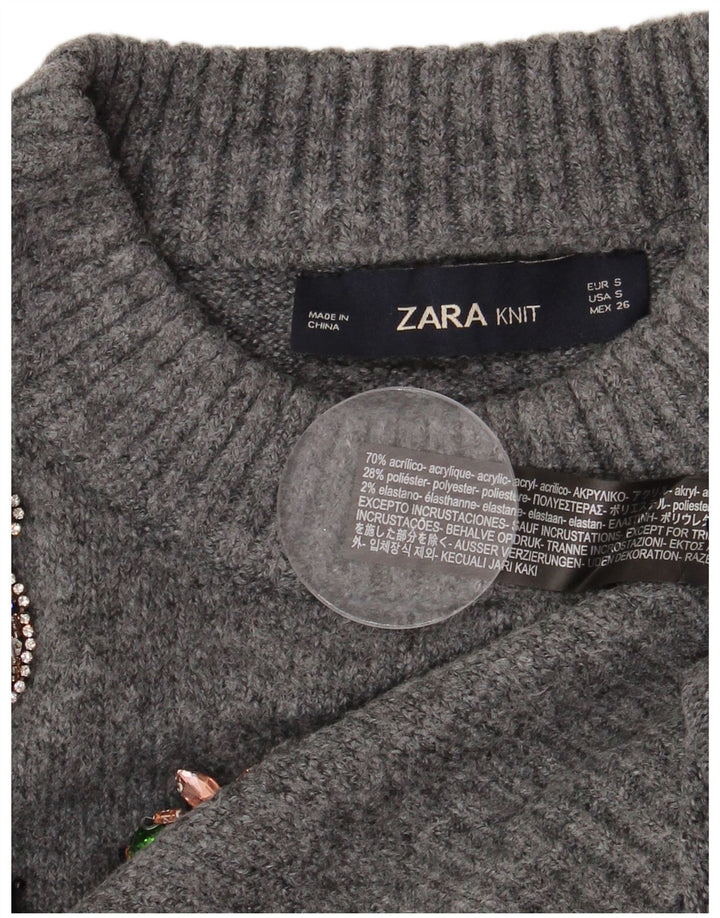 Zara Damen-Pullover, übergroß, mit grafischem Rundhalsausschnitt, Gr. 10, Größe S, Grau