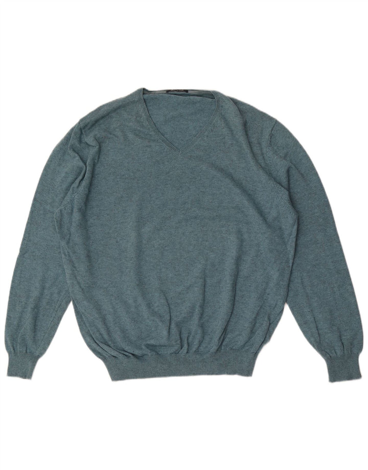 Massimo Dutti Herren-Pullover mit V-Ausschnitt, groß, aus blauer Baumwolle