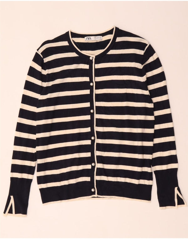Zara Damen-Cardigan-Pullover UK 20 2XL Marineblau gestreifte Viskose