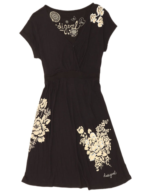 Desigual Damen A-Linien-Kleid UK 6 XS Schwarz geblümte Viskose