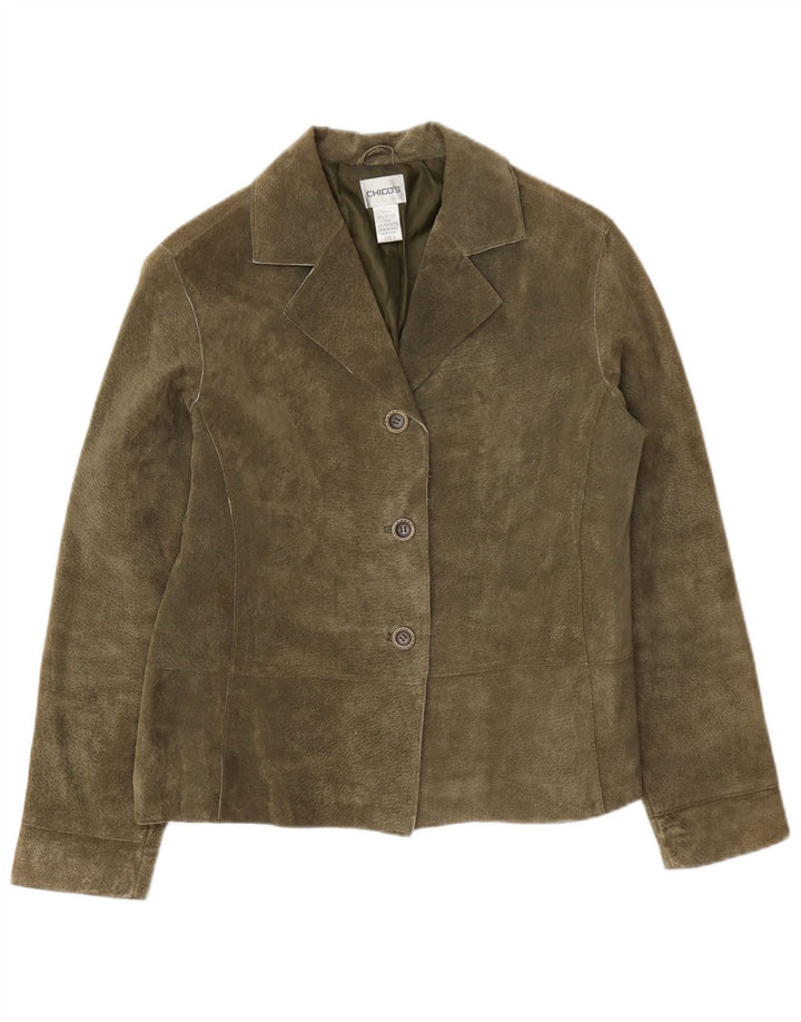 Chico's Damen-Blazerjacke aus Wildleder, übergroß, mit 3 Knöpfen, US 0, XS, Khaki, Leder