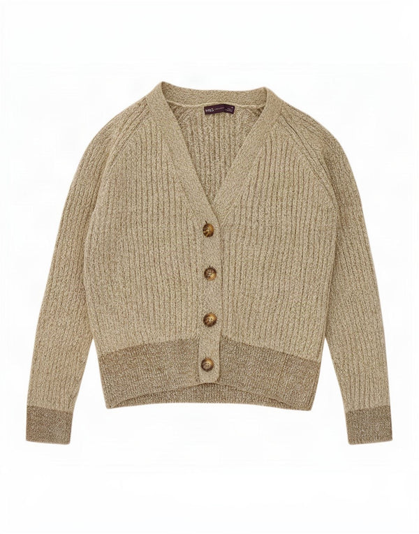 Marks & Spencer Damen-Cardigan-Pullover, UK 14, mittlere Khaki-gefleckte Baumwolle