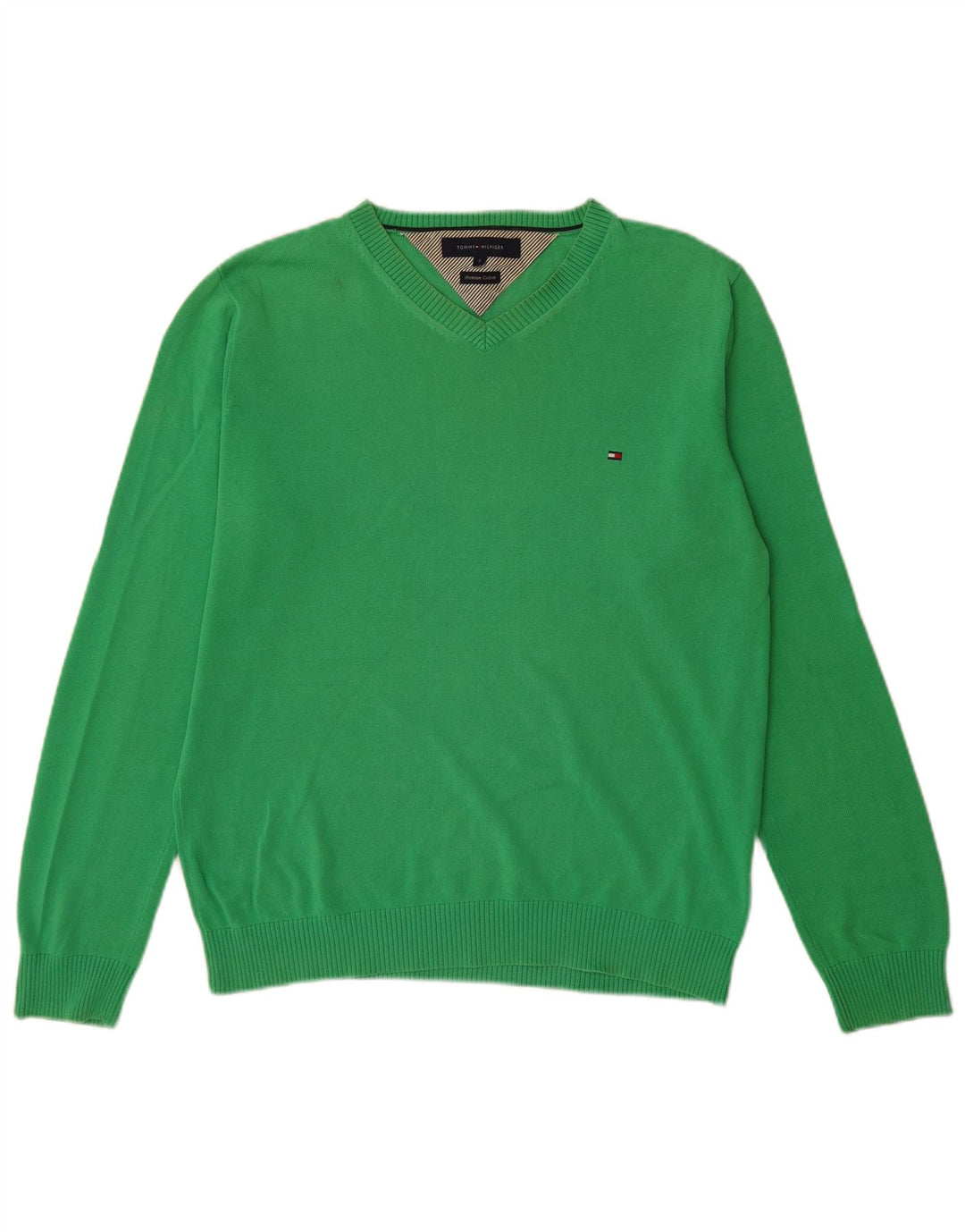 Tommy Hilfiger Herren-Pullover mit V-Ausschnitt, Größe S, grüne Baumwolle