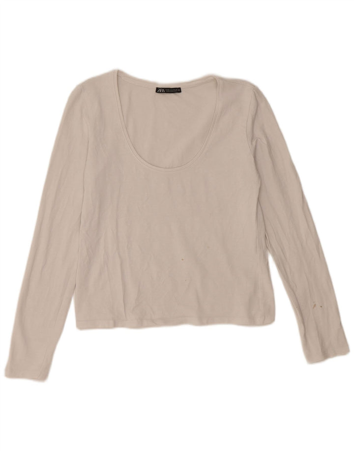 Zara Damen Crop Top Langarm UK 12 Mittelweiße Baumwolle