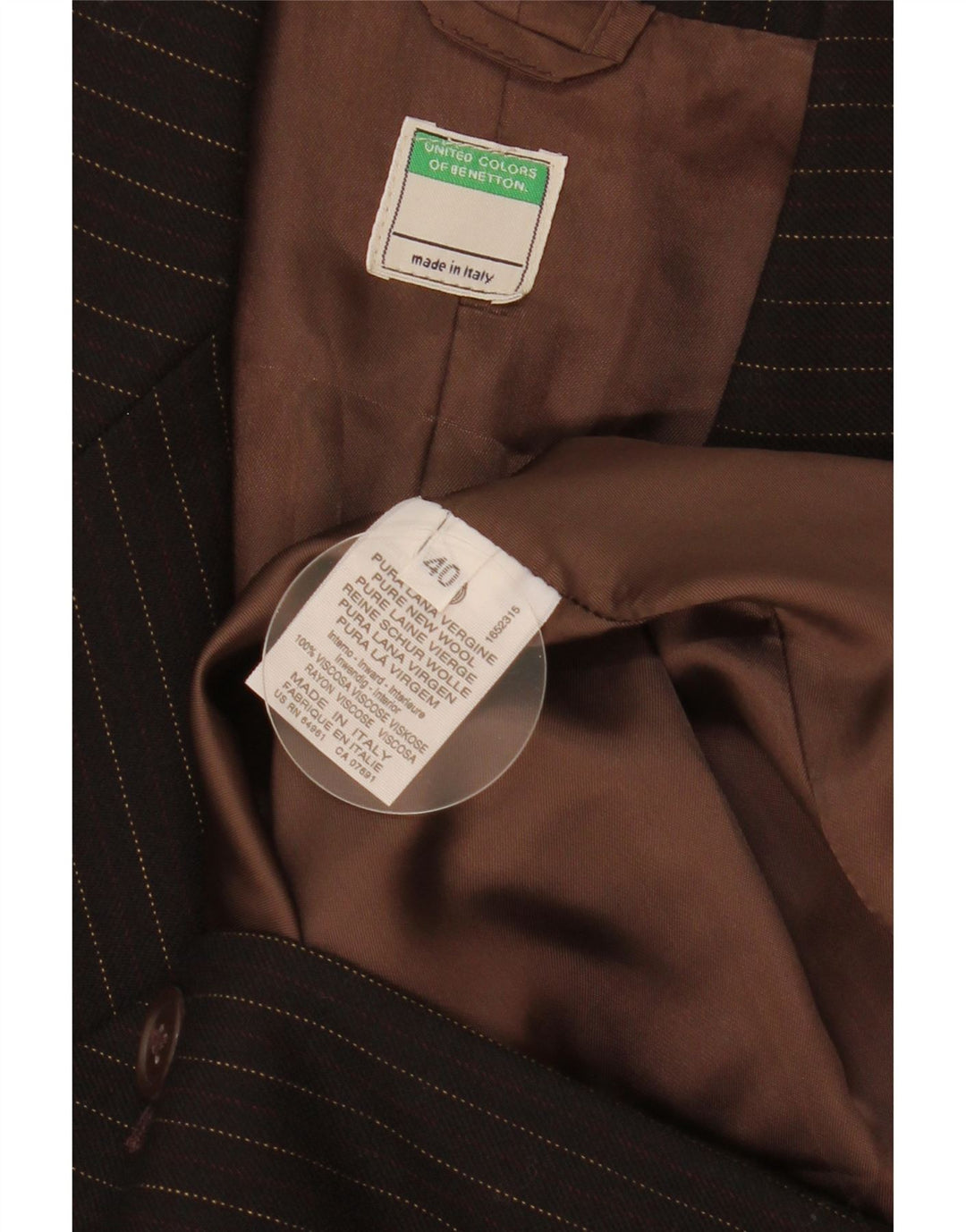 Benetton Damen-Blazer mit 2 Knöpfen, IT 40, kleine braune Nadelstreifen-Schurwolle