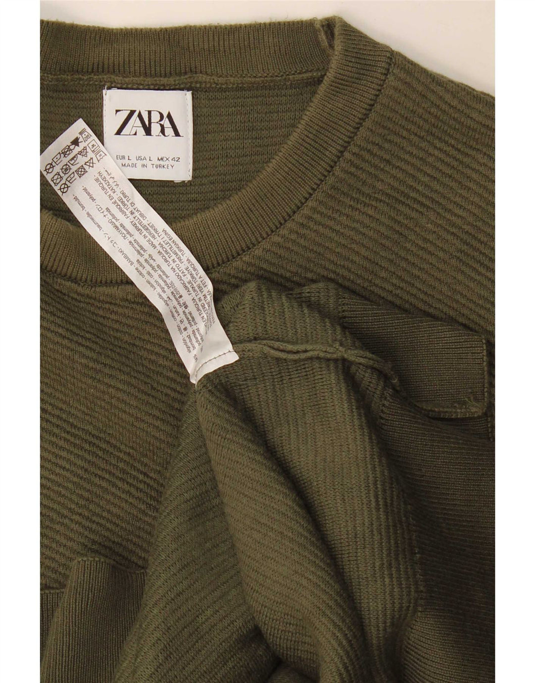Zara Herren-Pullover mit Rundhalsausschnitt, groß, Khaki, Baumwolle