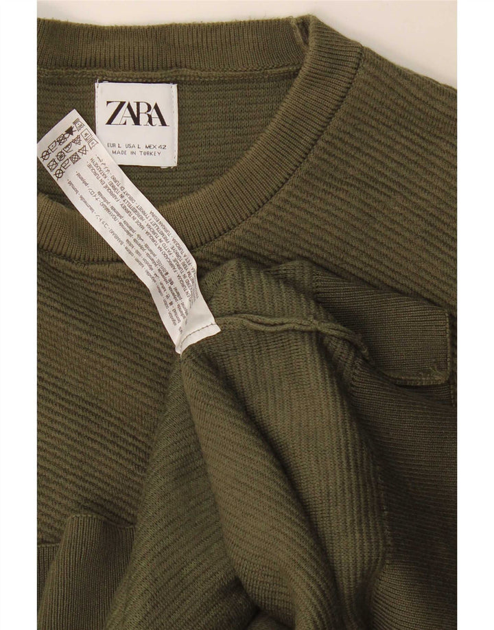 Zara Herren-Pullover mit Rundhalsausschnitt, groß, Khaki, Baumwolle