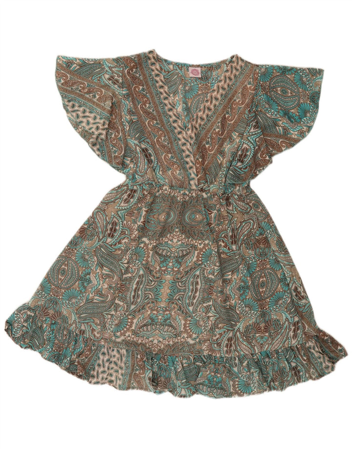 Vintage Damen Empire-Kleid UK 12 Mittelgrünes Paisley-Polyester