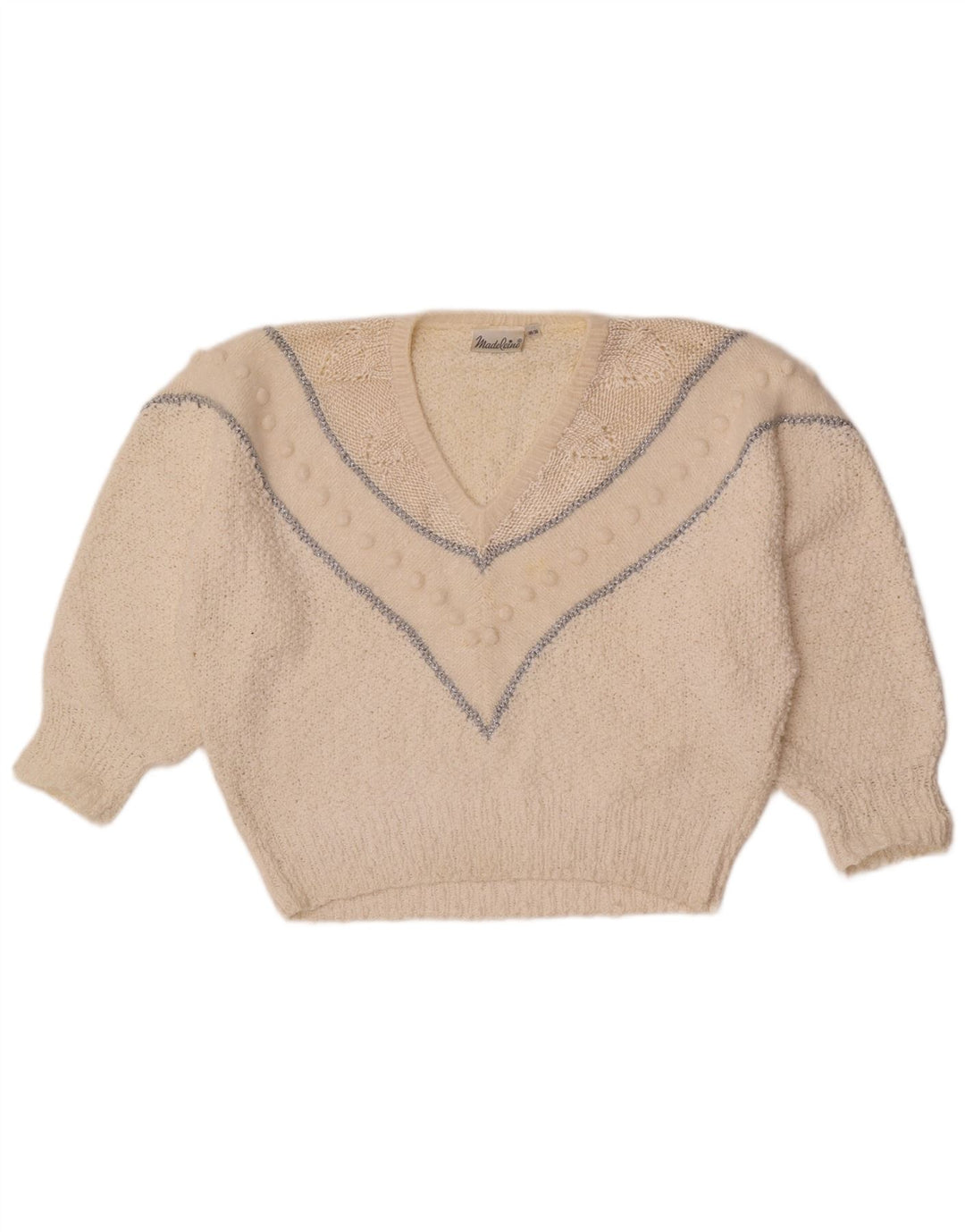 Madeleine Damen-Pullover mit V-Ausschnitt, EU 36/38, klein, weiß gestreift