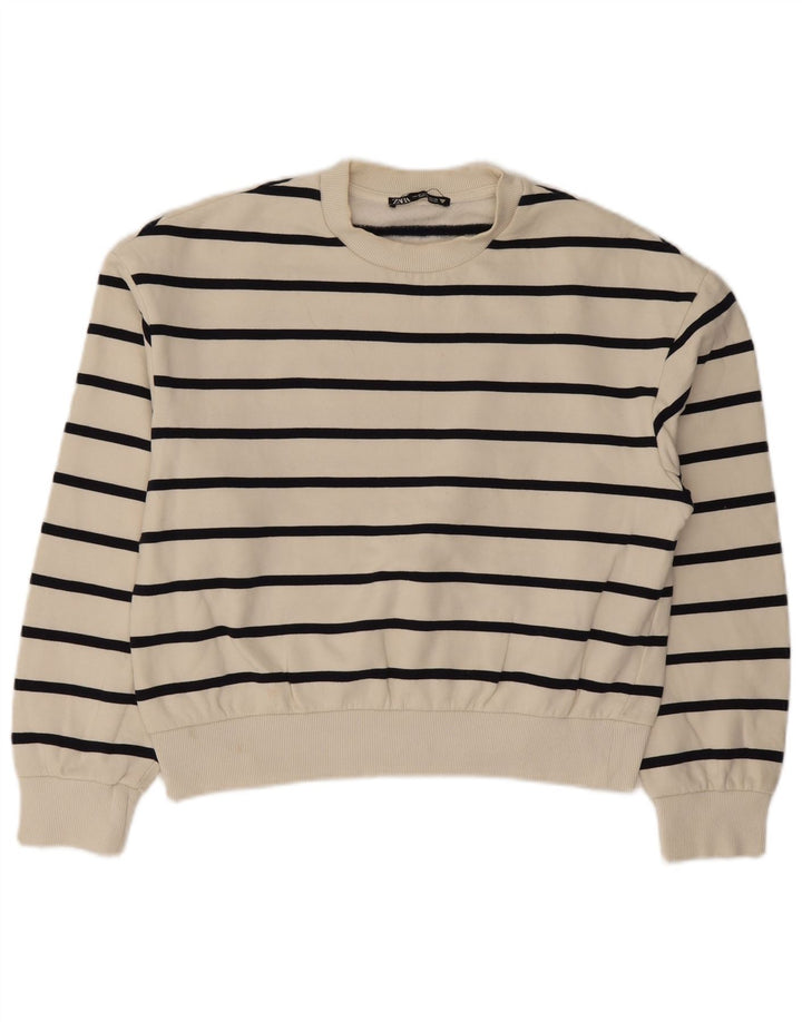Zara Damen Crop Sweatshirt Pullover UK 14 Mittelweiß gestreifte Baumwolle