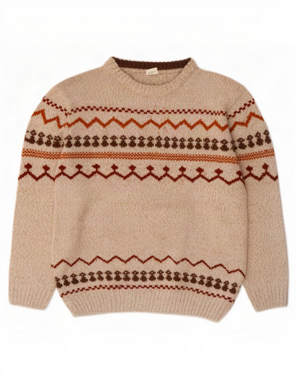 Vintage Herren Pullover mit U-Boot-Ausschnitt XL Beige Fair Isle Polyester