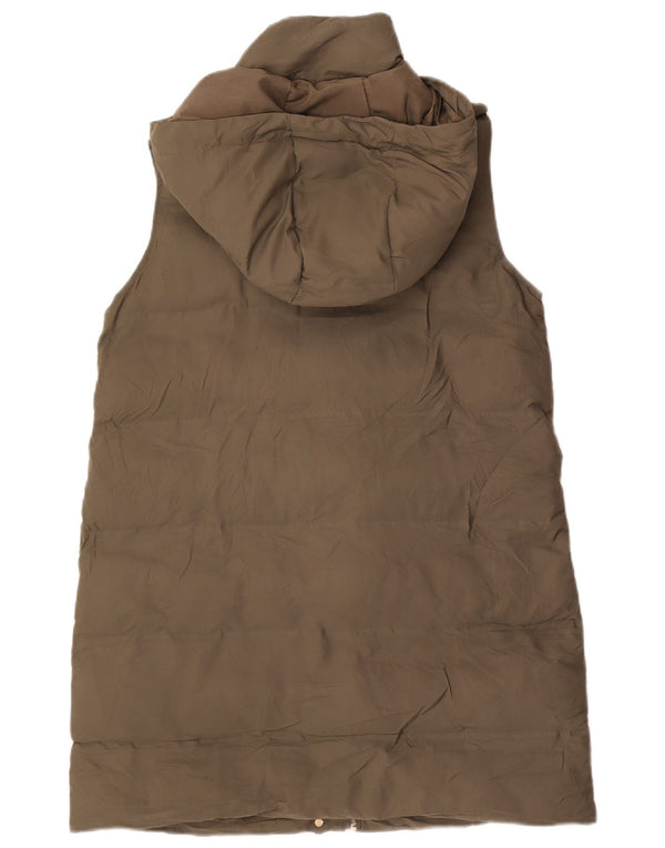 Zara Damen Longline Hooded Wattierte Weste UK 14 Medium Khaki Polyester
