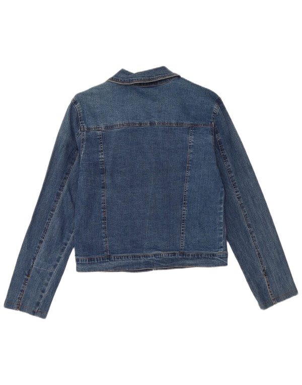 Vintage Damen Crop Jeansjacke UK 12 Mittelblaue Batik-Baumwolle