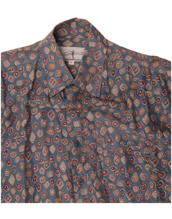 CARUSO Mens Short Sleeve Shirt Large Blue Geometric Silk