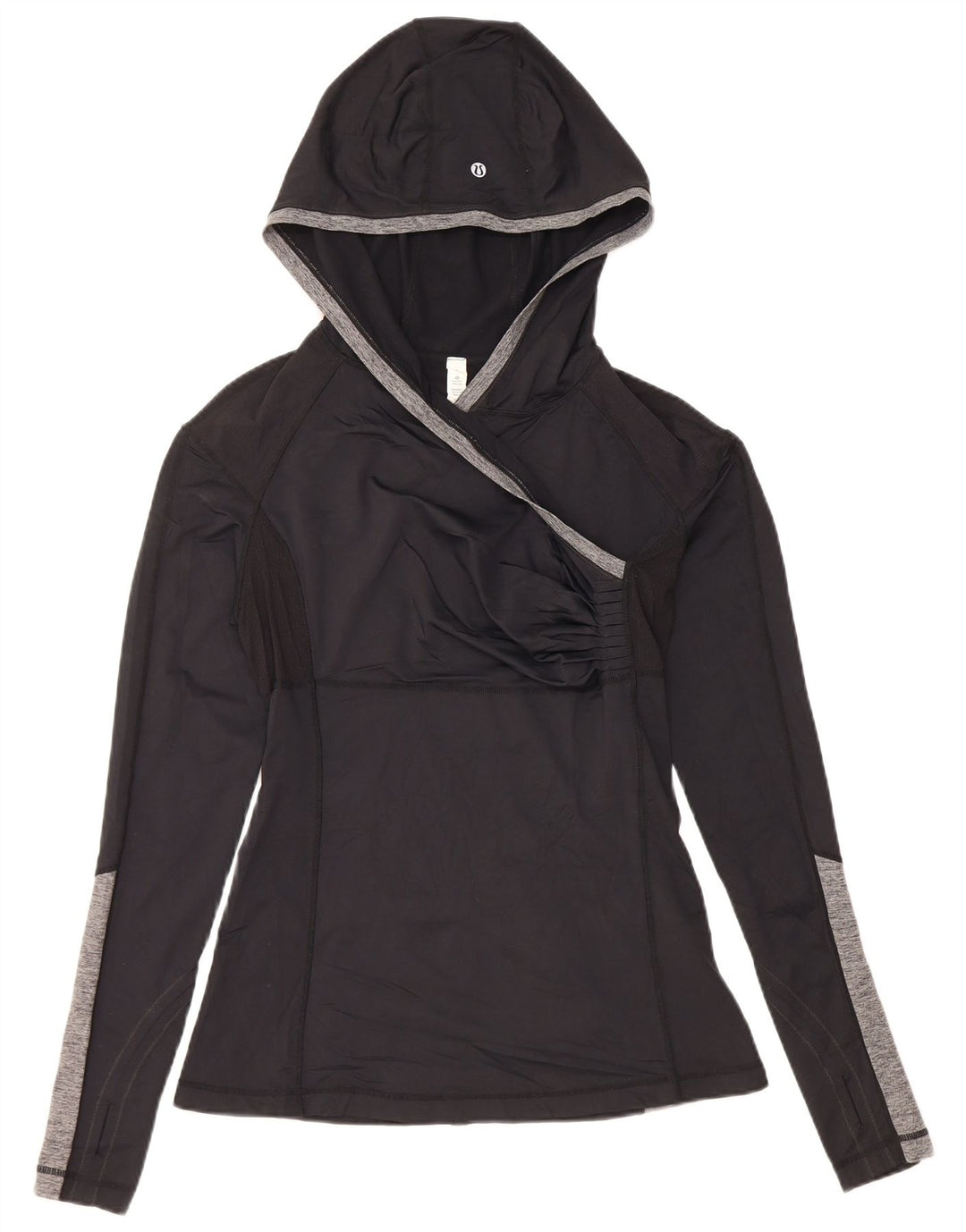 Lululemon Damen-Oberteil mit Kapuze, langärmlig, US-Größe 8, mittelschwarz, Colourblock-Nylon