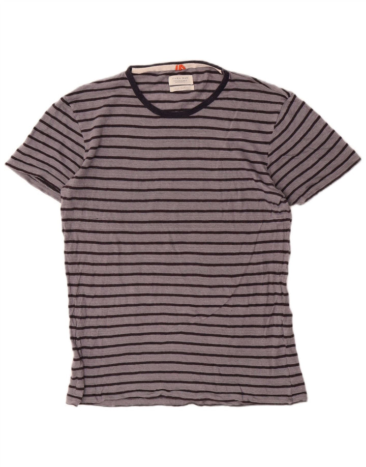 Zara Herren T-Shirt Top Mittelgrau gestreiftes Leinen