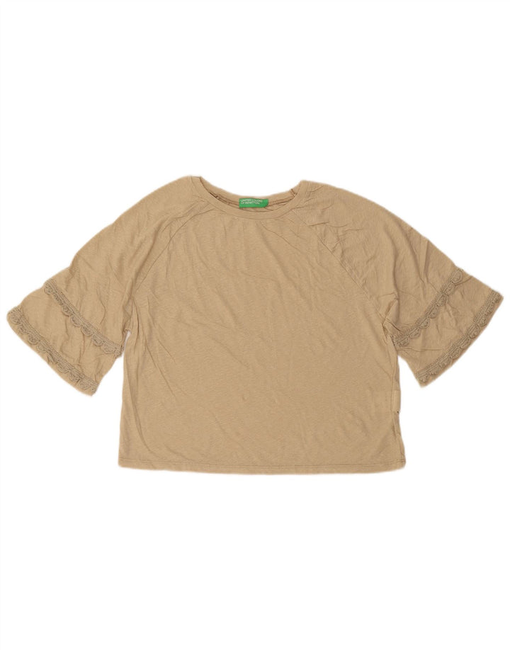 BENETTON Womens Oversized Crop Blouse Top UK 10 Small Beige Cotton