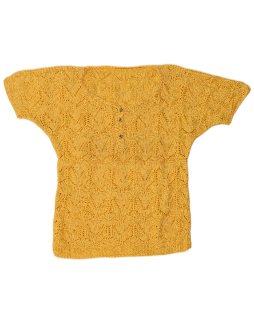 Vintage Damen Kurzärmeliger Pullover mit Knöpfen und Halsausschnitt UK 14 Mittelgelb
