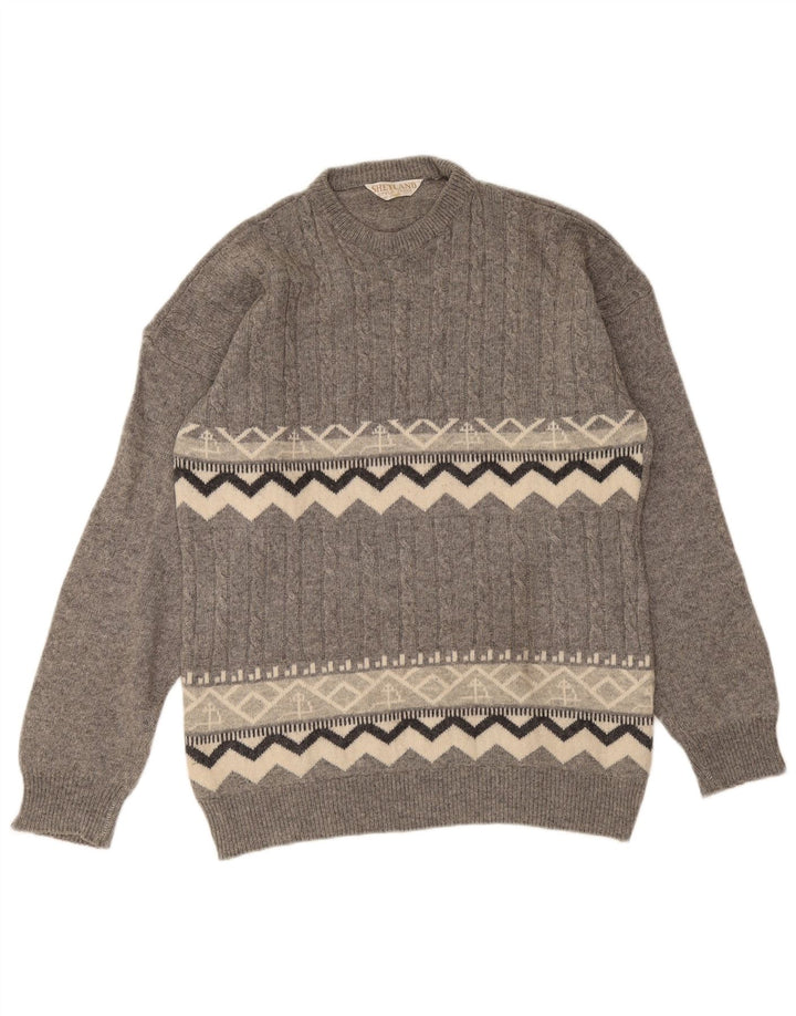 Vintage Herren-Pullover mit Rundhalsausschnitt, mittelgraue geometrische Wolle