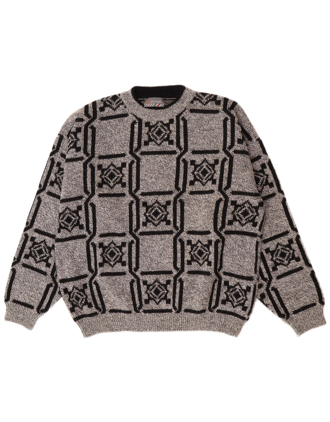 Stefanel Herren-Pullover mit Rundhalsausschnitt, große graue geometrische Wolle