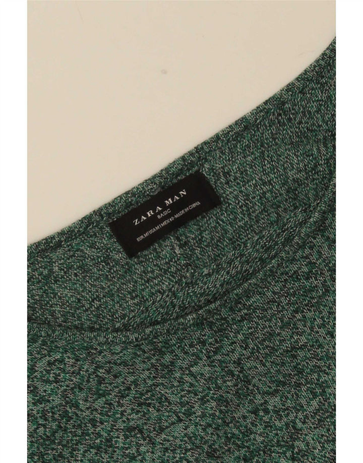 Zara Herren-Pullover mit Knopfkragen, Mittelgrün meliert