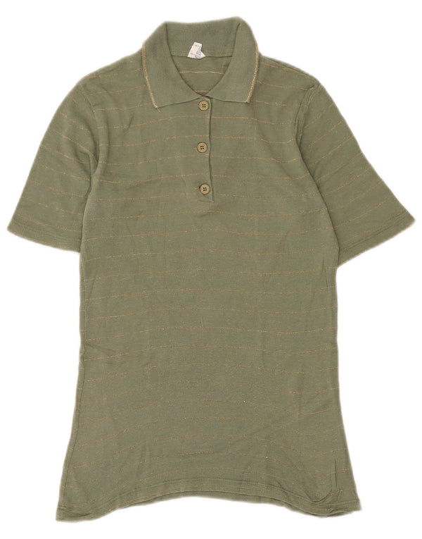 Vintage Damen Poloshirt UK 12 Medium Khaki Gestreifte Baumwolle