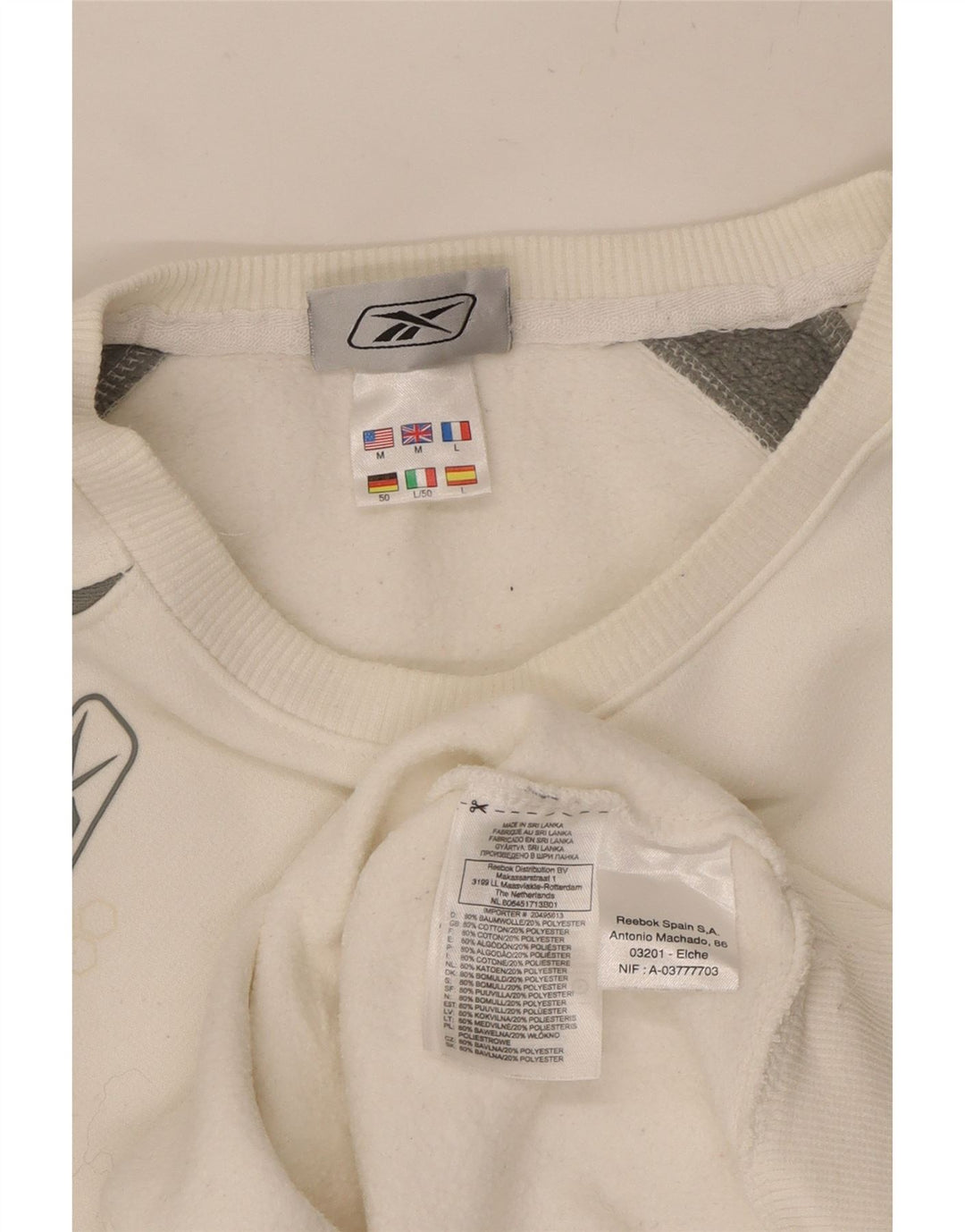 REEBOK Mens Graphic Sweatshirt Jumper Medium White Colourblock Cotton Vintage Reebok and Second-Hand Reebok from Messina Hembry 