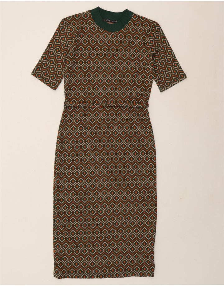 Zara Damen Etuikleid UK 10 Small Grünes geometrisches Polyester