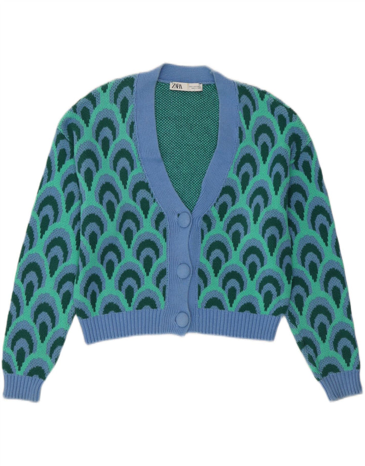 Zara Damen-Strickjacke in Übergröße, Gr. 10, klein, Türkis, geometrisch