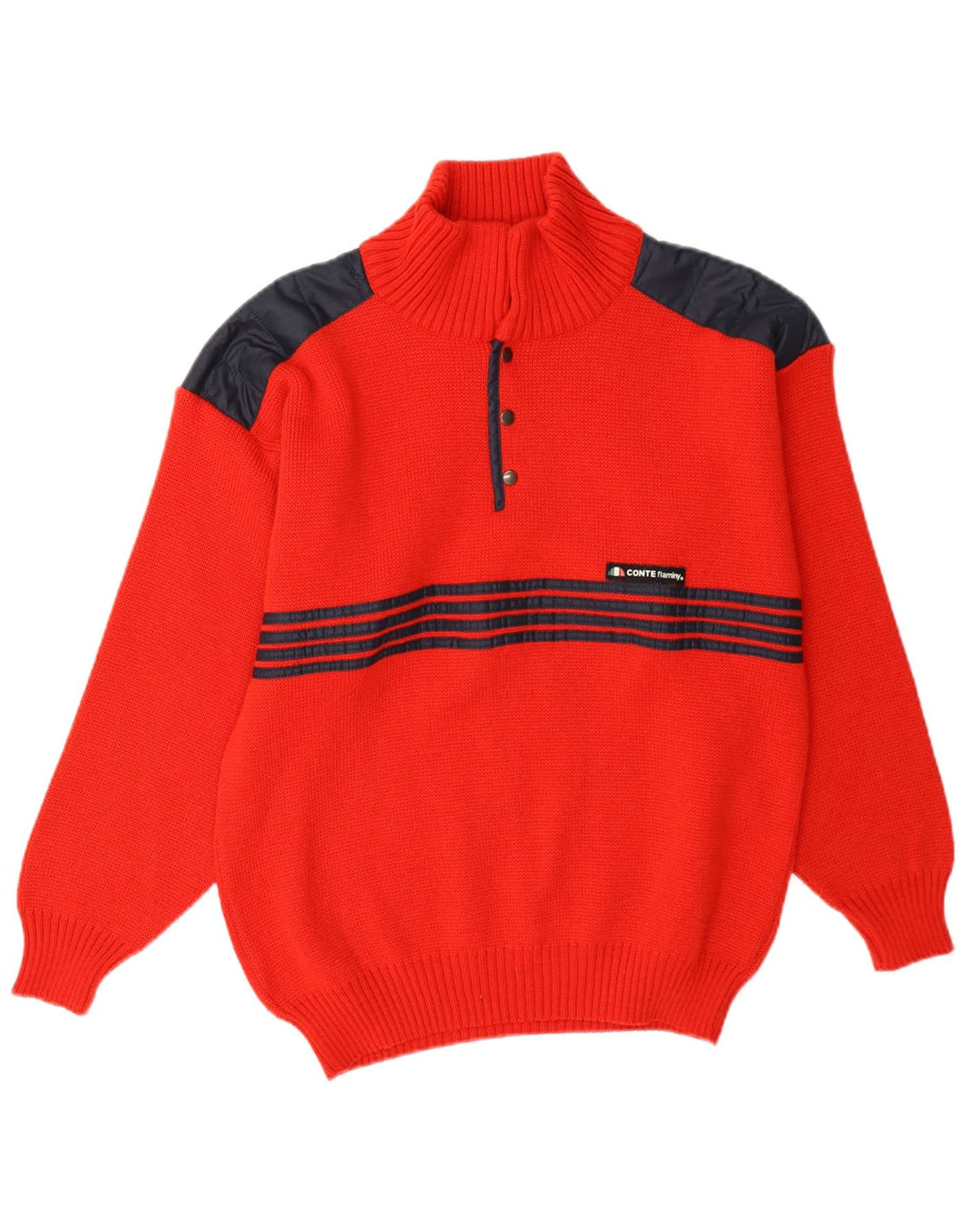 Vintage Herren-Pullover mit Knopfkragen, Größe 48, Mittelrot, Farbblock