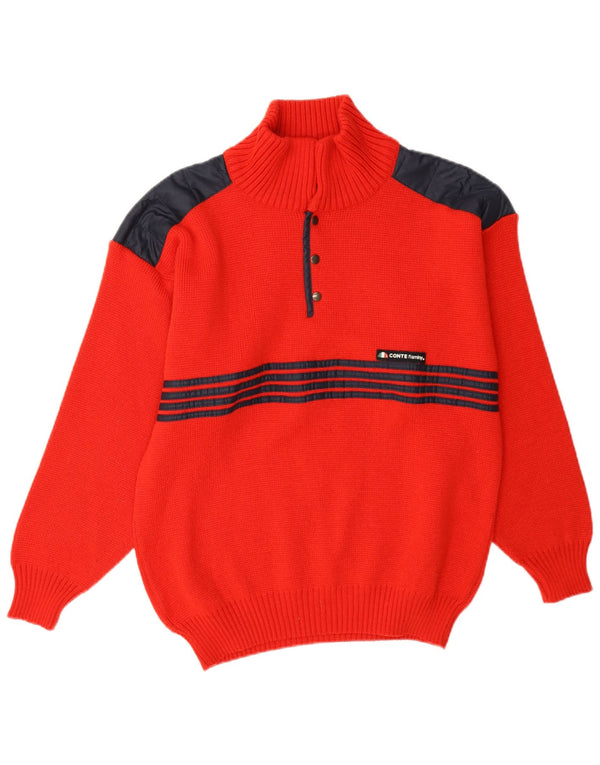 Vintage Herren-Pullover mit Knopfkragen, Größe 48, Mittelrot, Farbblock