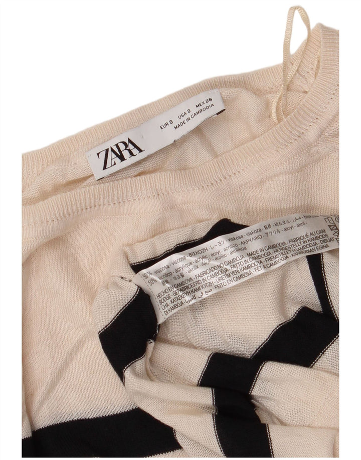ZARA Damen Pullover mit bauchfreiem U-Boot-Ausschnitt, Gr. 10, Größe S, gebrochenes Weiß, gestreift
