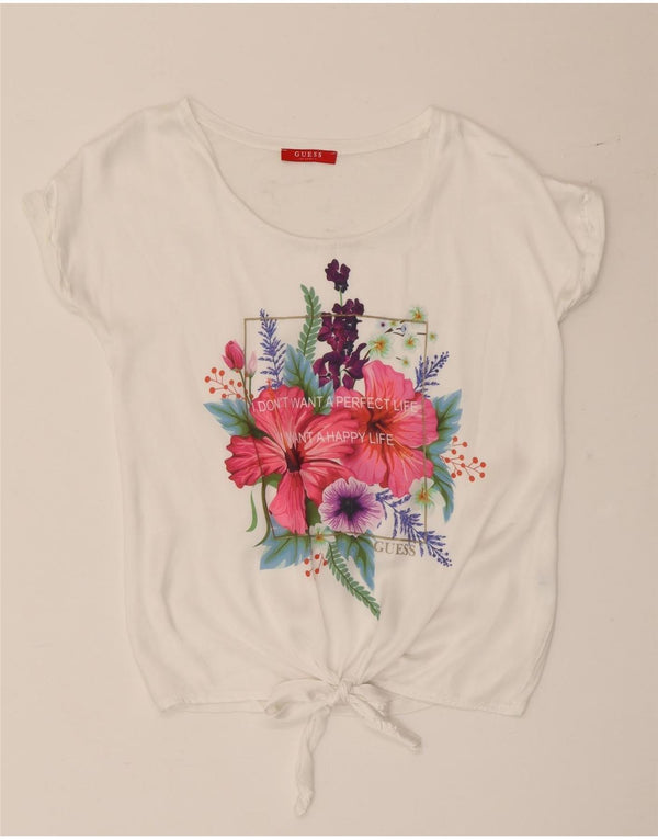 Guess Grafik-T-Shirt-Oberteil für Damen, UK 10, Größe S, weiß, geblümt