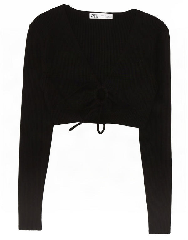 Zara Damen Langarm-Crop-Top UK 12 Mittelschwarze Viskose