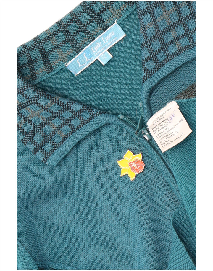 Vintage Damen Strickjacke mit durchgehendem Reißverschluss UK 12 Mittelblau kariert