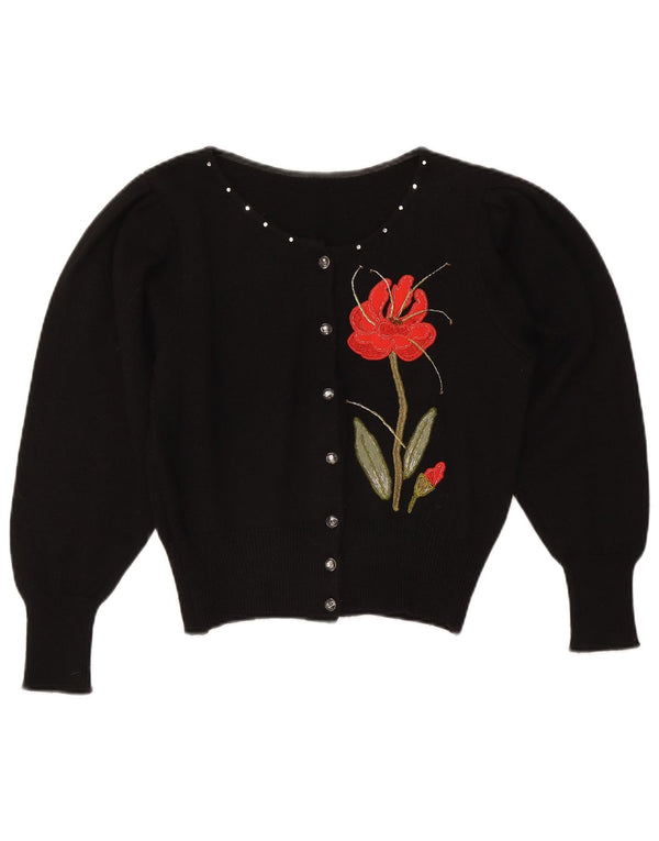 Vintage Damen Crop Cardigan Pullover UK 14 Mittelschwarz geblümt