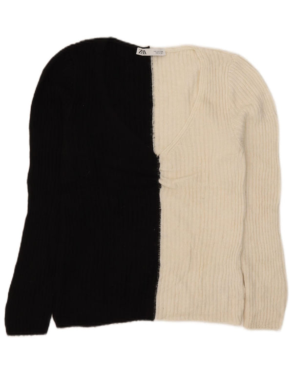 Zara Damen-Pullover mit V-Ausschnitt, Gr. 44, Größe L, Schwarz, Farbblock-Acryl
