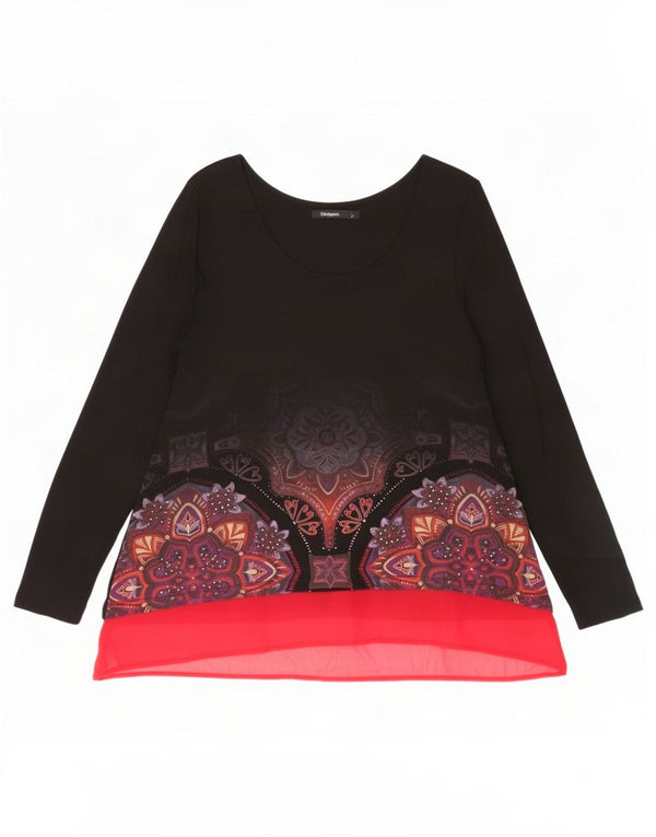 Desigual Damen Langarm-Tunika-Oberteil UK 14 Großes schwarzes Blumenmuster