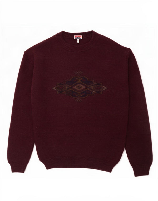 Vintage Mens Crew Neck Jumper Sweater IT 52 Large Burgundy Geometric Wool