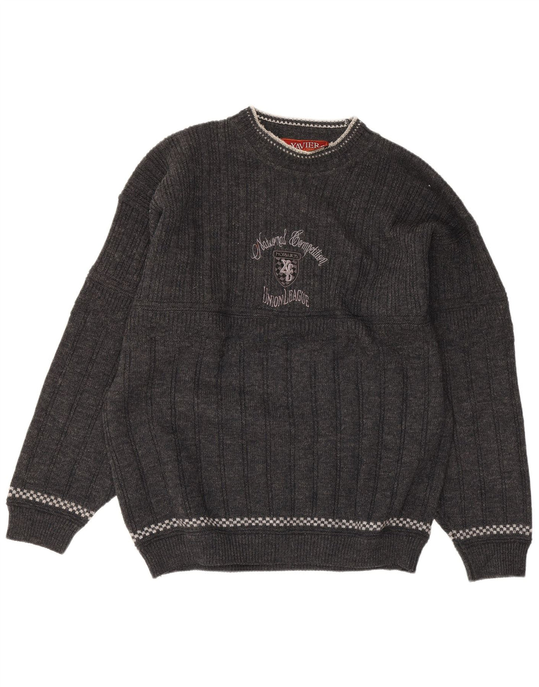 Xavier Herren-Pullover mit grafischem Rundhalsausschnitt, groß, graue Wolle