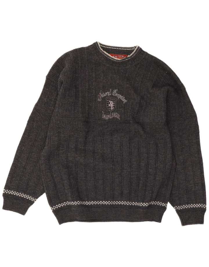 Xavier Herren-Pullover mit grafischem Rundhalsausschnitt, groß, graue Wolle
