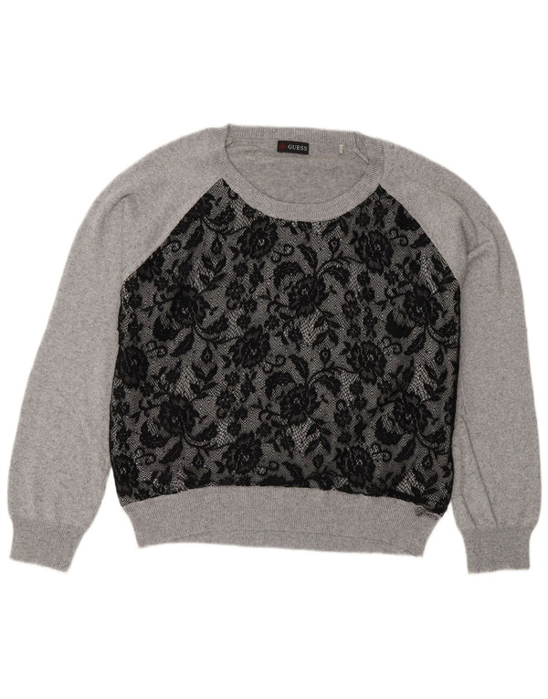 Guess Womens Boat Neck Jumper Sweater UK 12 Medium Grey Floral Viscose