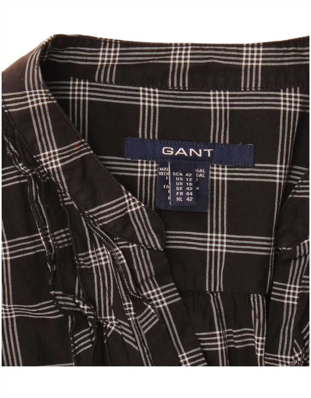 Gant Damen-Blusenoberteil mit Rüschen vorne und langen Ärmeln, Gr. 46, groß, schwarz kariert