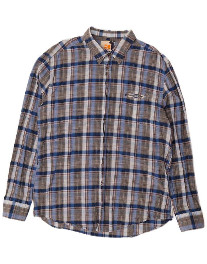 Hugo Boss Herrenhemd 3XL blau kariert Baumwolle