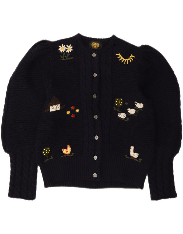 LANAMODEN Damen-Cardigan mit Grafik, UK 16, Größe L, Marineblau, Schurwolle