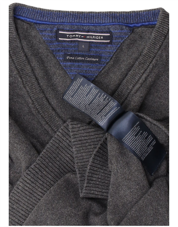 Tommy Hilfiger Herren-Pullover mit V-Ausschnitt, groß, graue Baumwolle