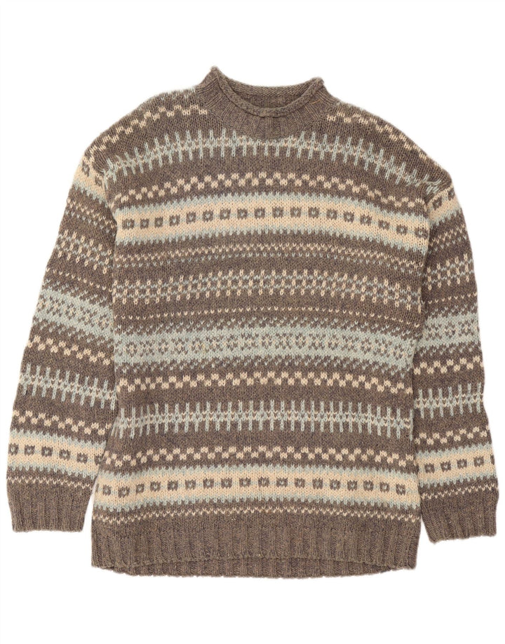 Vintage Herren Pullover mit Rollkragen, groß, graue Fair-Isle-Wolle