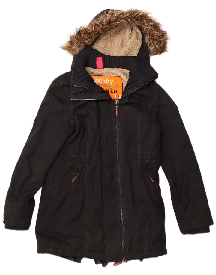 SUPERDRY Damen Windparka Graphic Hooded Parka Jacke UK 14 Large Schwarz