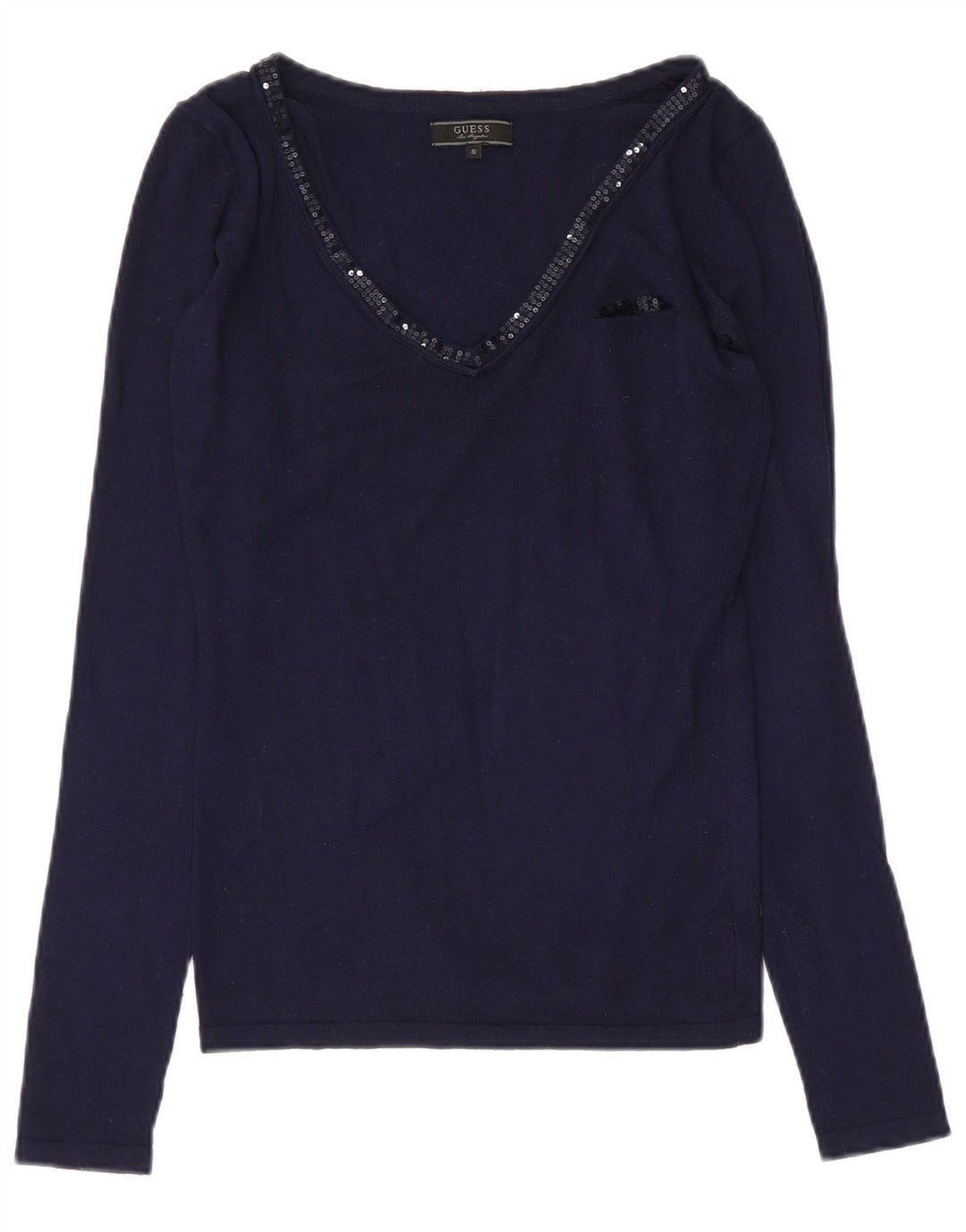 Guess Damen Top Langarm UK 10 Small Marineblaue Viskose