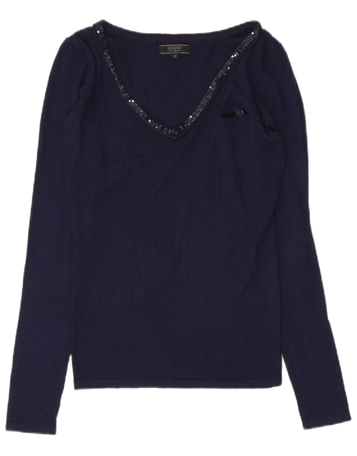 Guess Damen Top Langarm UK 10 Small Marineblaue Viskose